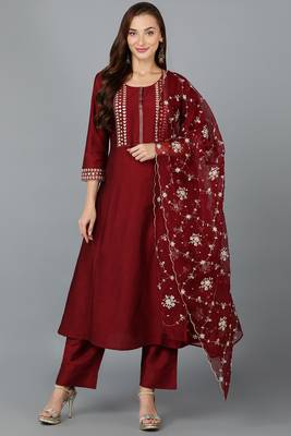 maroon color embroidered silk blend styles kurta trouser with dupatta 1