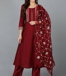 maroon color embroidered silk blend styles kurta trouser with dupatta
