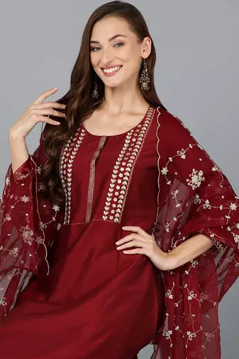 maroon color embroidered silk blend styles kurta trouser with dupatta