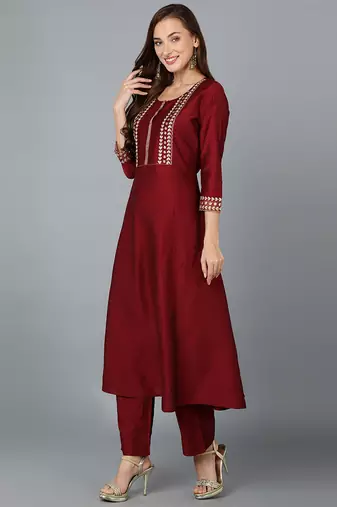 maroon color embroidered silk blend styles kurta trouser with dupatta