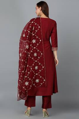 maroon color embroidered silk blend styles kurta trouser with dupatta 4