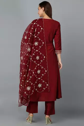 maroon color embroidered silk blend styles kurta trouser with dupatta