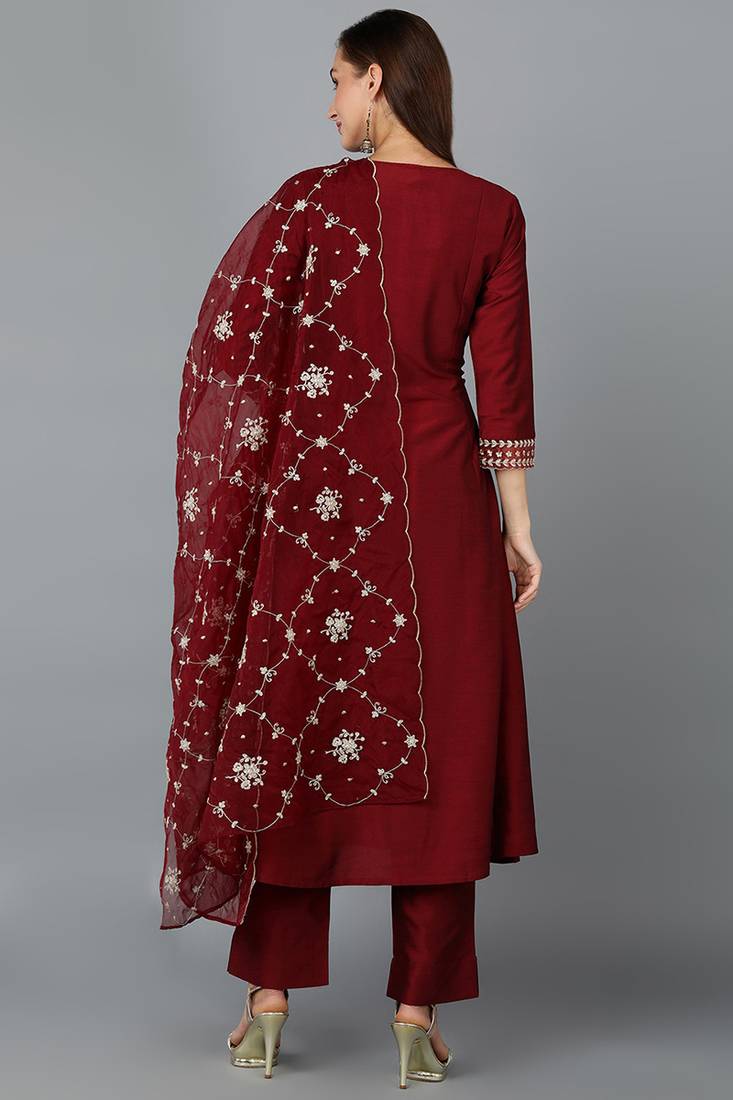 maroon color embroidered silk blend styles kurta trouser with dupatta