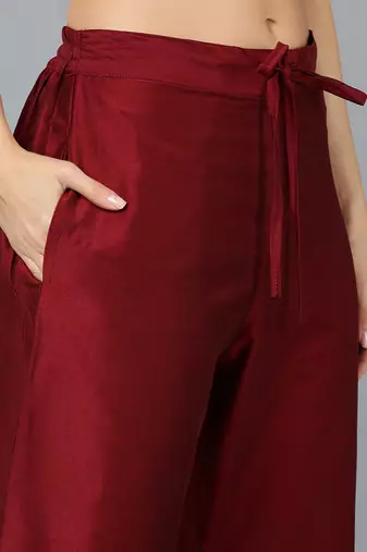 maroon color embroidered silk blend styles kurta trouser with dupatta