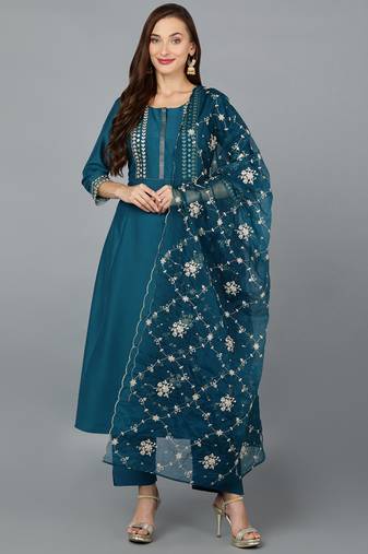 teal color embroidered silk blend styles kurta trouser with dupatta