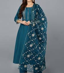 teal color embroidered silk blend styles kurta trouser with dupatta