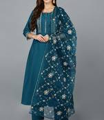 teal color embroidered silk blend styles kurta trouser with dupatta