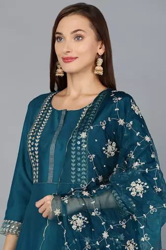 teal color embroidered silk blend styles kurta trouser with dupatta