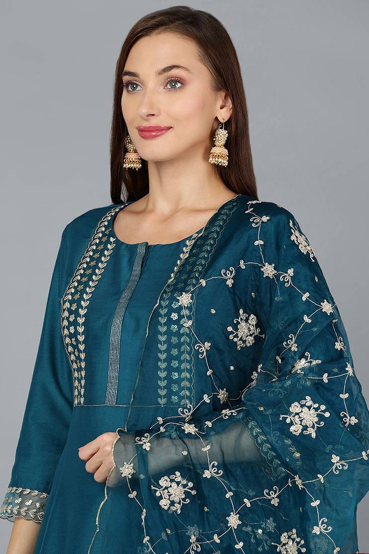 teal color embroidered silk blend styles kurta trouser with dupatta