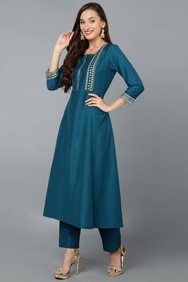 teal color embroidered silk blend styles kurta trouser with dupatta 3