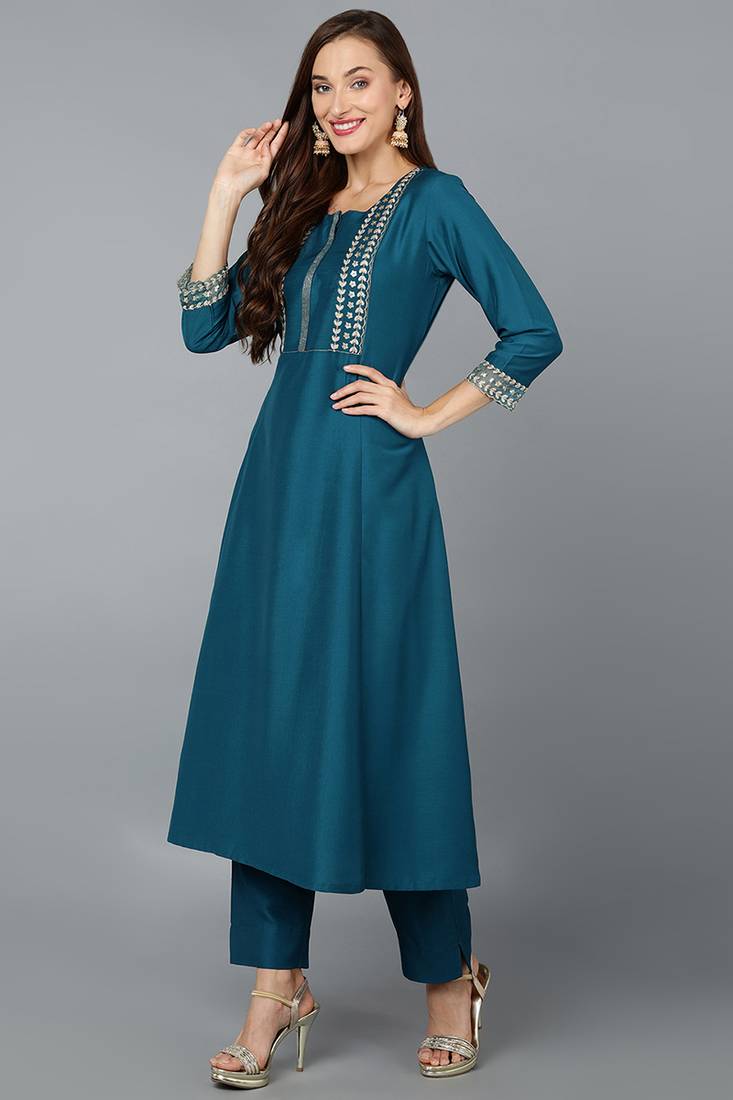 teal color embroidered silk blend styles kurta trouser with dupatta