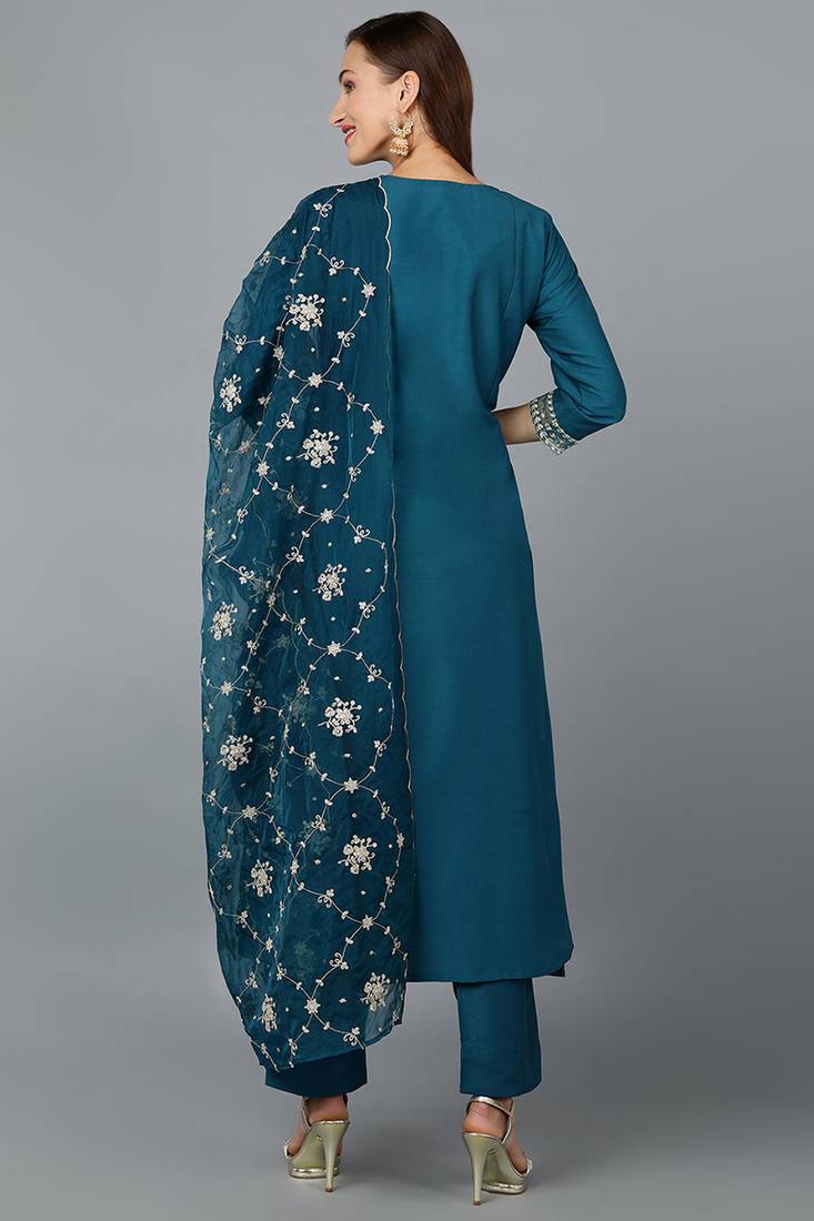 teal color embroidered silk blend styles kurta trouser with dupatta