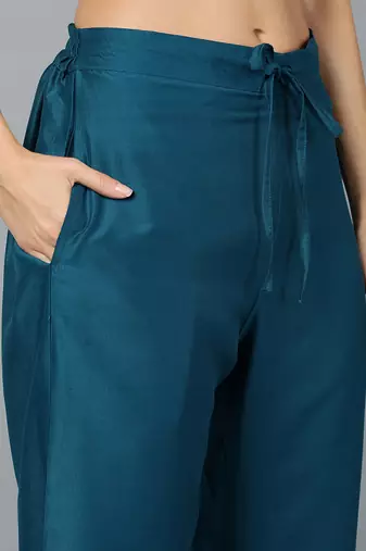 teal color embroidered silk blend styles kurta trouser with dupatta