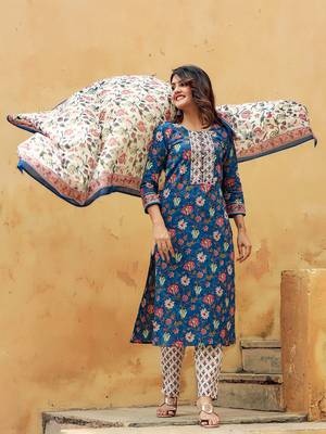blue color printed rayon blend styles kurta trouser with dupatta 6