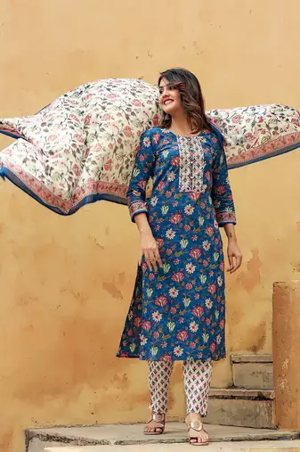 blue color printed rayon blend styles kurta trouser with dupatta