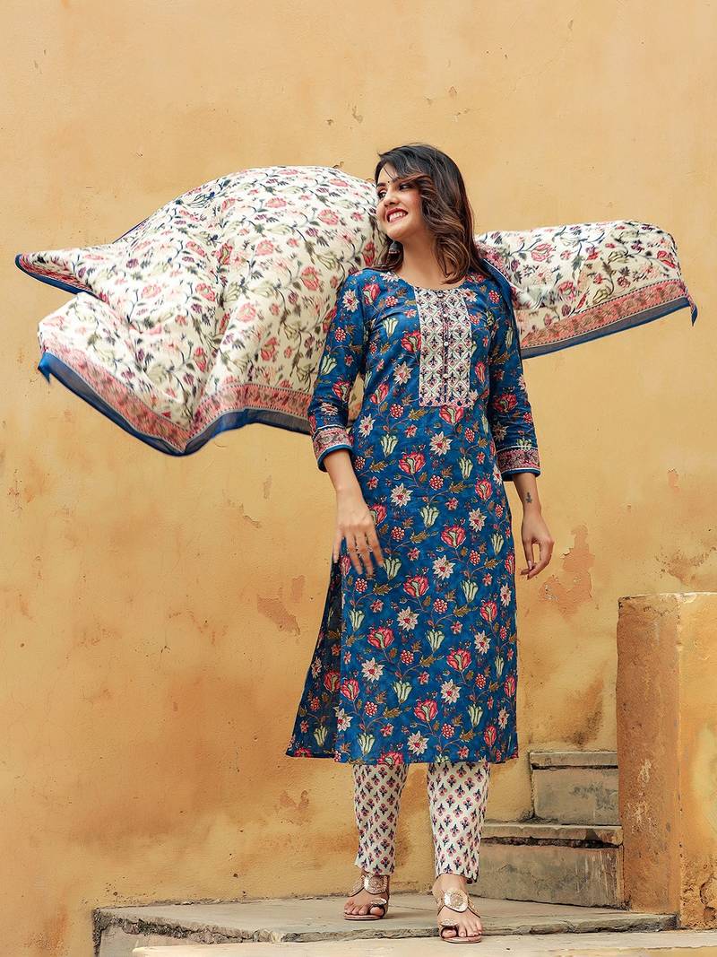 blue color printed rayon blend styles kurta trouser with dupatta