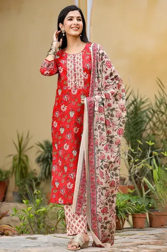 red color printed rayon blend styles kurta trouser with dupatta