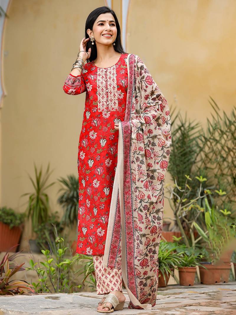 red color printed rayon blend styles kurta trouser with dupatta