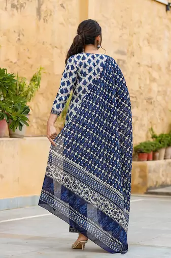 off white color printed rayon blend styles kurta trouser with dupatta