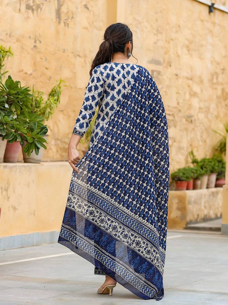 off white color printed rayon blend styles kurta trouser with dupatta