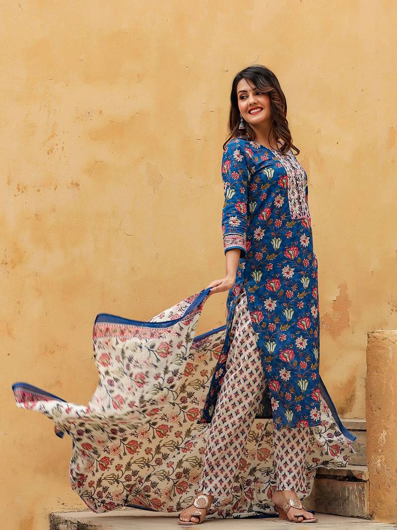 blue color printed rayon blend styles kurta trouser with dupatta