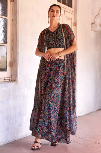 Blue Hand Embellished Georgette Designer IndoWestern