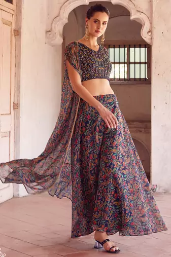Blue Hand Embellished Georgette Designer IndoWestern