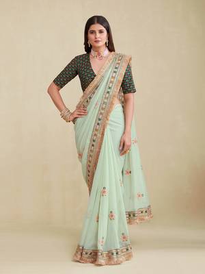 Seafoam Green Embridered Saree With Matching Blouse 1