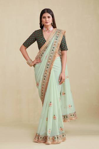 Seafoam Green Embridered Saree With Matching Blouse