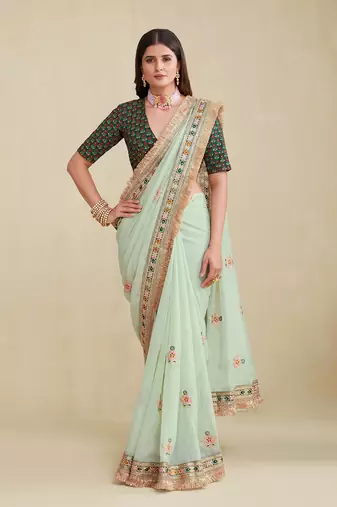 Seafoam Green Embridered Saree With Matching Blouse