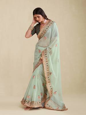 Seafoam Green Embridered Saree With Matching Blouse 2