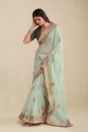 Seafoam Green Embridered Saree With Matching Blouse