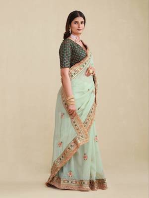 Seafoam Green Embridered Saree With Matching Blouse 3