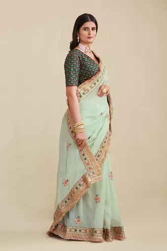 Seafoam Green Embridered Saree With Matching Blouse