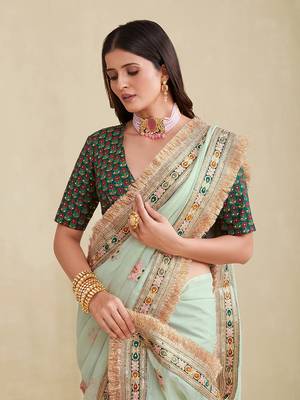 Seafoam Green Embridered Saree With Matching Blouse 5
