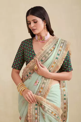 Seafoam Green Embridered Saree With Matching Blouse