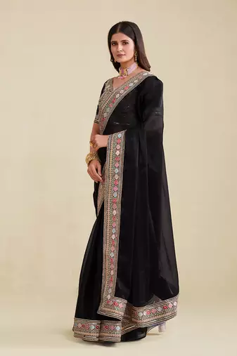 Black Color Embroidered Saree With Matching Blouse
