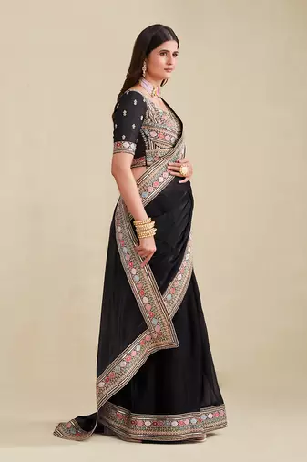 Black Color Embroidered Saree With Matching Blouse