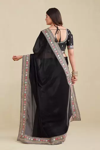 Black Color Embroidered Saree With Matching Blouse
