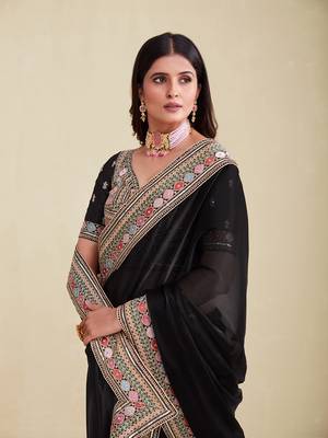 Black Color Embroidered Saree With Matching Blouse 5