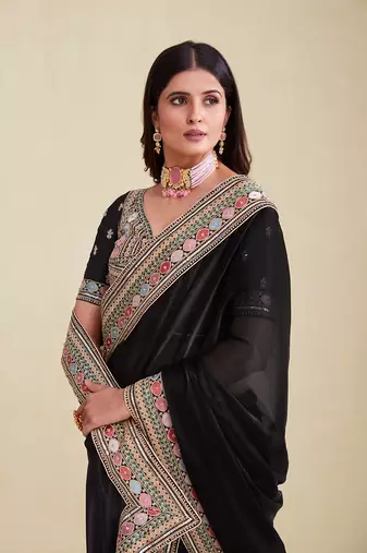 Black Color Embroidered Saree With Matching Blouse
