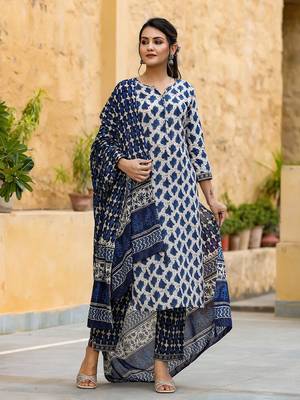 off white color printed rayon blend styles kurta trouser with dupatta 7