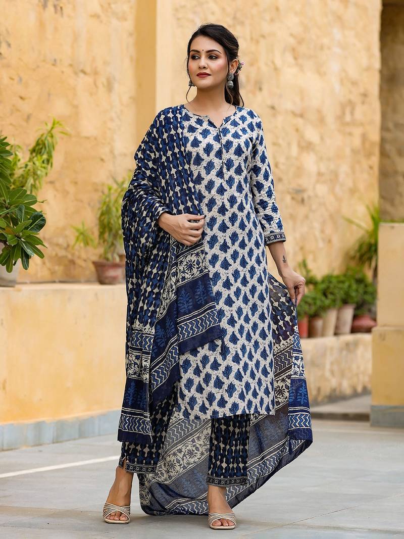 off white color printed rayon blend styles kurta trouser with dupatta