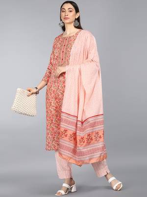peach color printed rayon blend styles kurta trouser with dupatta 7