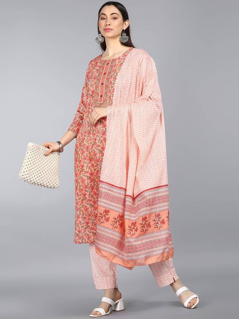 peach color printed rayon blend styles kurta trouser with dupatta