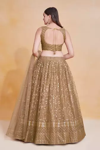 Graceful Soft Net Sequins Zari Embroidery Work Brown Lehenga Choli 