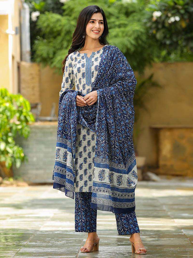 white color printed rayon blend styles kurta trouser with dupatta