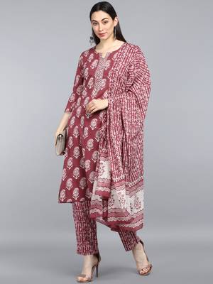 maroon color printed rayon blend styles kurta trouser with dupatta 7