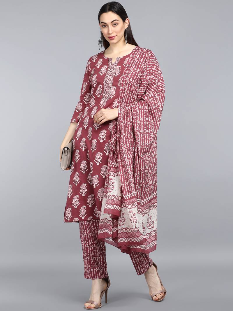 maroon color printed rayon blend styles kurta trouser with dupatta