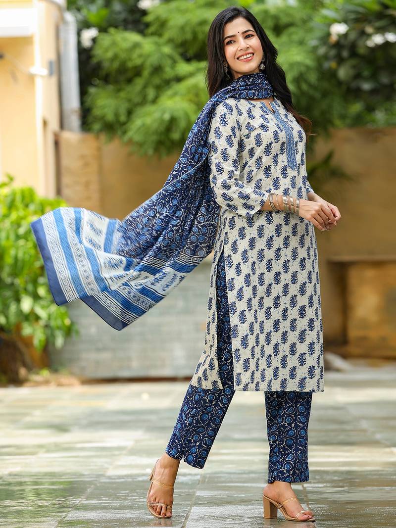 white color printed rayon blend styles kurta trouser with dupatta